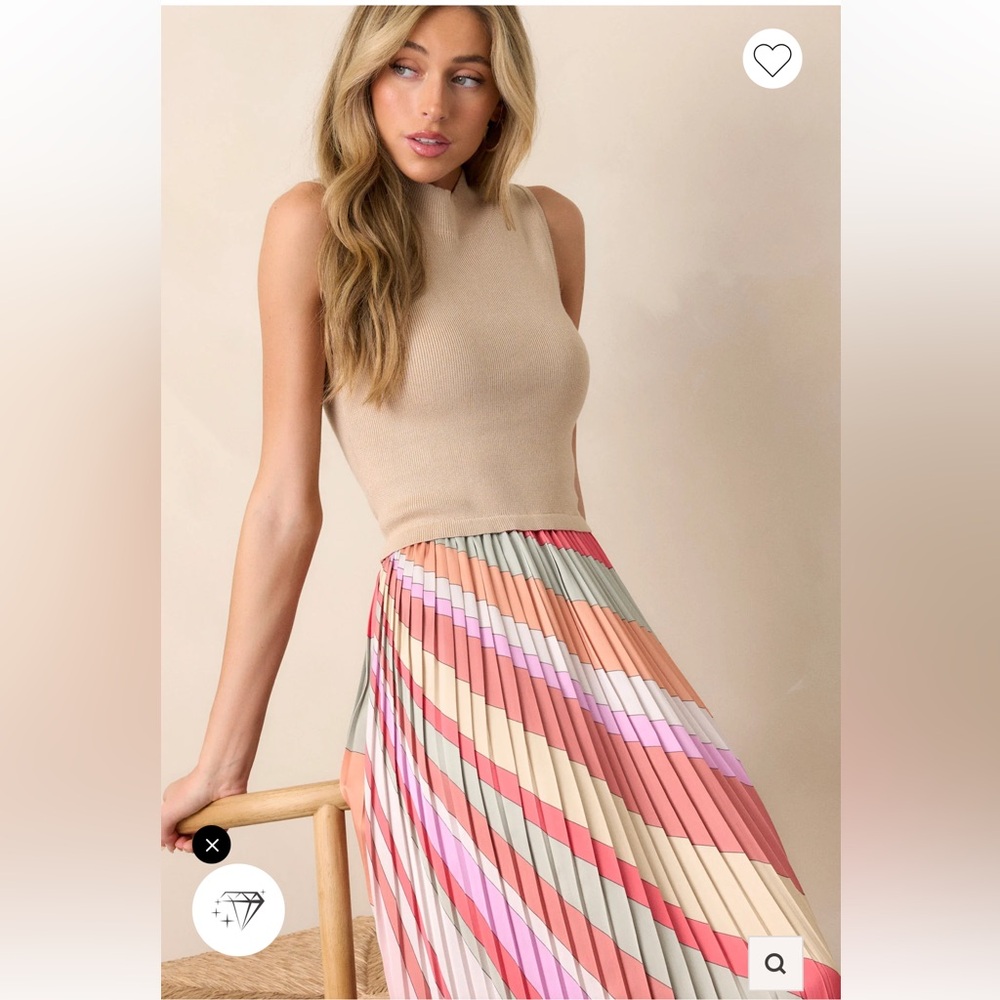 Pleated Multi-Color Stripe Midi Skirt - Pink & Coral Medium skies are blue - Picture 4 of 13